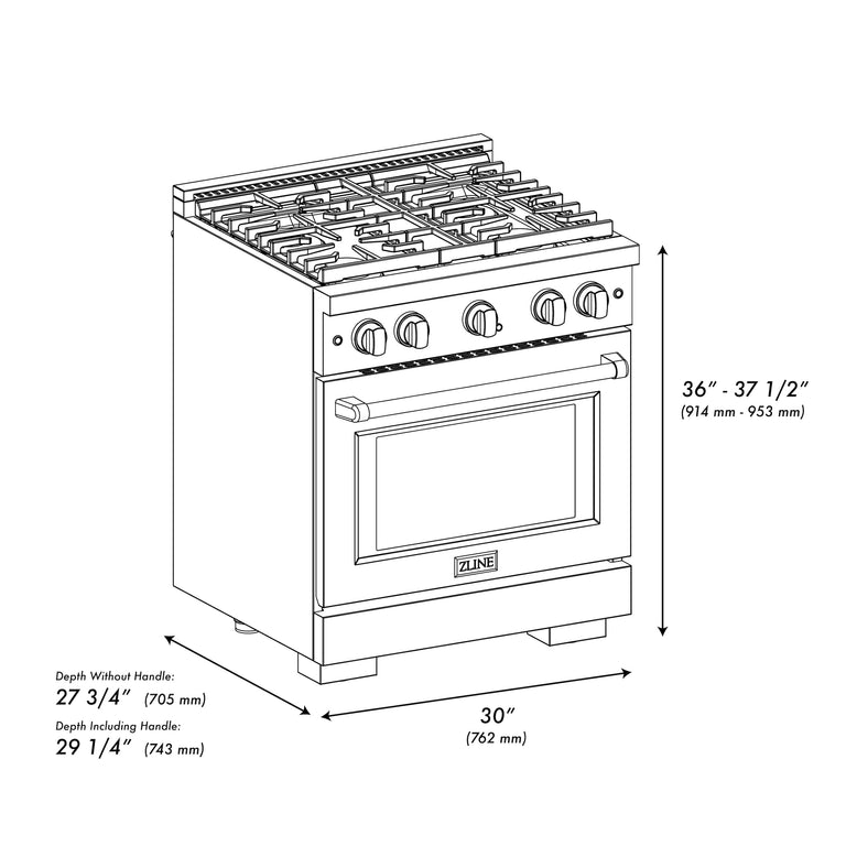 ZLINE Autograph Package - 30" Gas Range, Range Hood, Refrigerator with Water & Ice Dispenser, Dishwasher