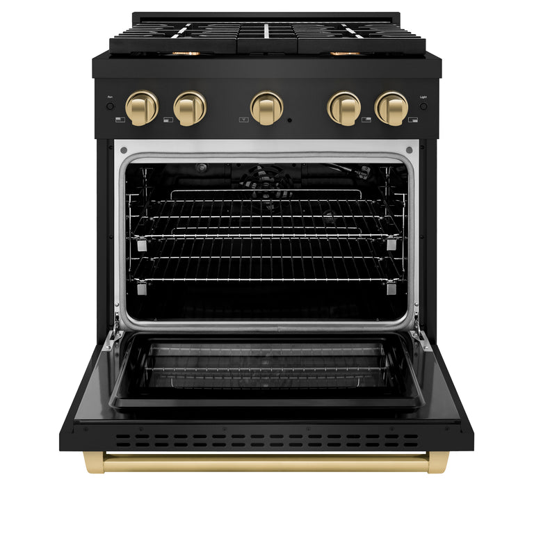 ZLINE Autograph Package - 30 In. Gas Range, Range Hood, Dishwasher in Black Stainless Steel with Champagne Bronze Accents, 3AKP-RGBRHDWV30-CB