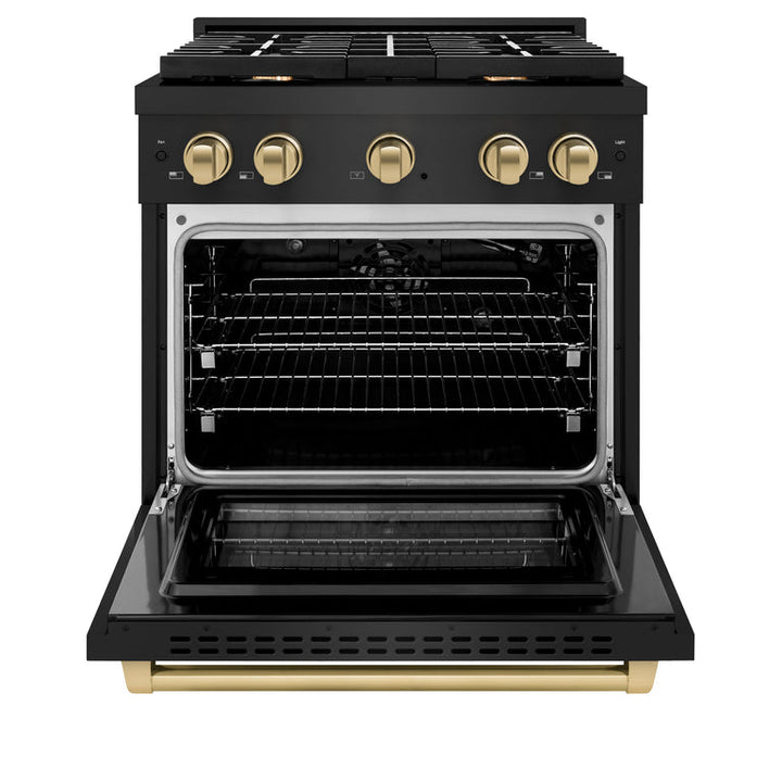 ZLINE Autograph Package - 30" Gas Range, Range Hood, Refrigerator, Dishwasher in Black Stainless with Bronze Accents