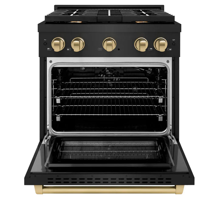 ZLINE Autograph Package - 30 In. Gas Range, Range Hood in Black Stainless Steel with Champagne Bronze Accents, 2AKP-SGRBRH30-CB