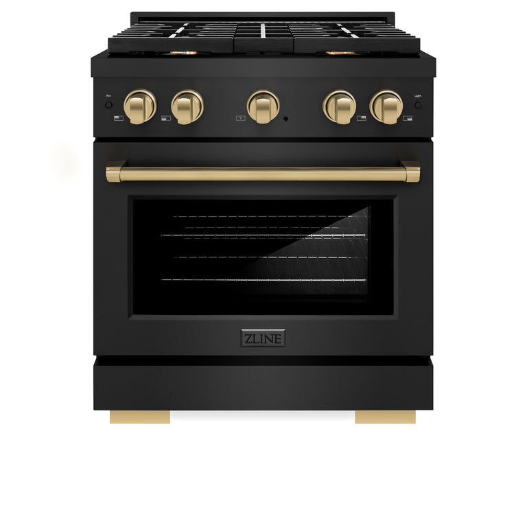 ZLINE Autograph Package - 30 In. Gas Range, Range Hood in Black Stainless Steel with Gold Accents, 2AKP-RGBRH30-G