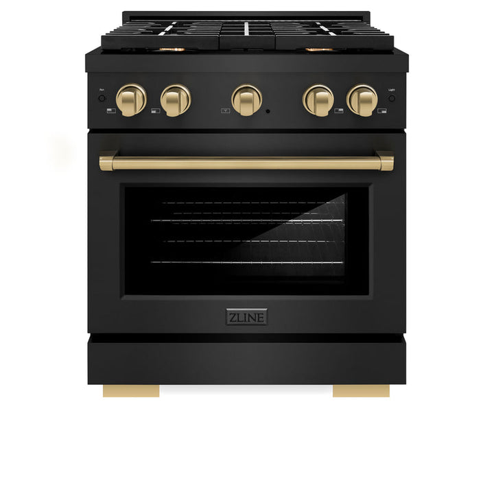 ZLINE Autograph Package - 30 In. Gas Range, Range Hood, Dishwasher in Black Stainless Steel with Champagne Bronze Accents, 3AKP-RGBRHDWV30-CB