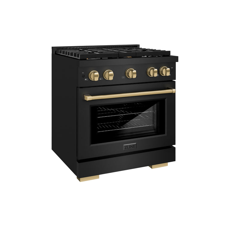 ZLINE Autograph Package - 30 In. Gas Range, Range Hood, Dishwasher in Black Stainless Steel with Champagne Bronze Accents, 3AKP-RGBRHDWV30-CB