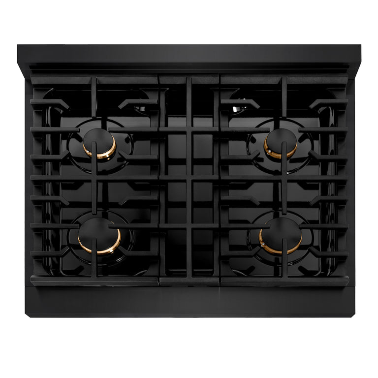 ZLINE Autograph Package - 30" Gas Range, Range Hood, Refrigerator, Dishwasher in Black Stainless with Bronze Accents