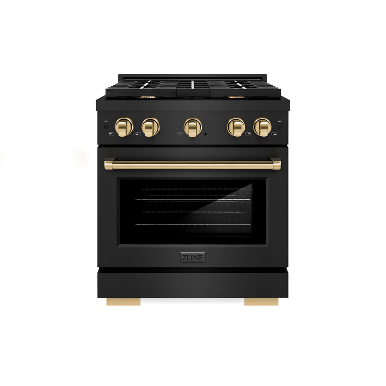 ZLINE Autograph Package - 30 In. Gas Range, Range Hood, Dishwasher in Black Stainless Steel with Gold Accent, 3AKP-RGBRHDWV30-G