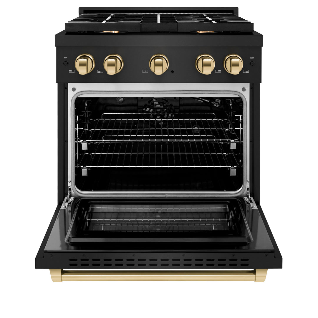 ZLINE Autograph 30" 4.2 cu. ft. Paramount Gas Range with Convection Gas Oven in Black Stainless Steel and Gold Accents, SGRBZ-30-G