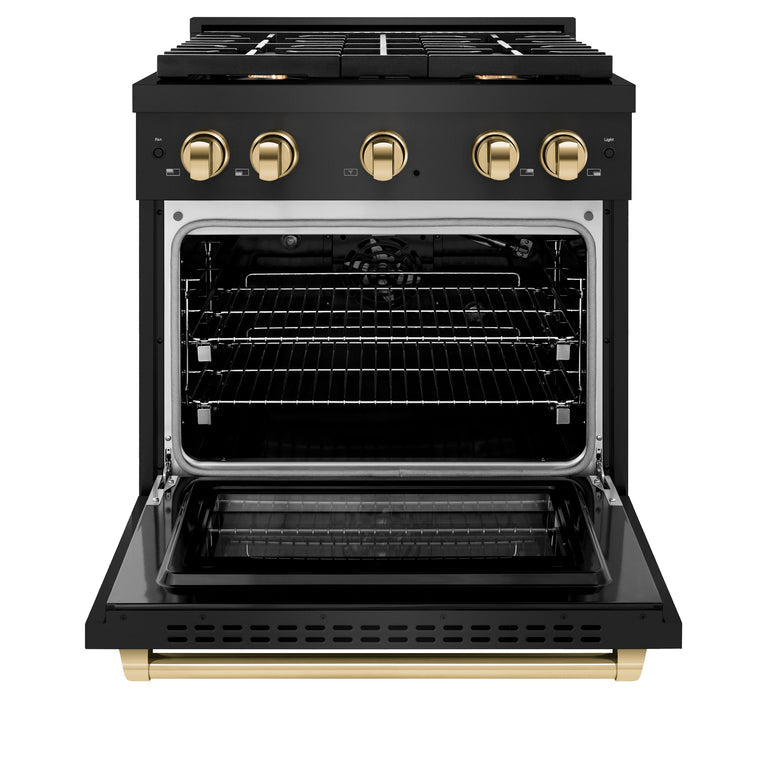 ZLINE Autograph Package - 30 In. Gas Range, Range Hood, Dishwasher in Black Stainless Steel with Gold Accent, 3AKP-RGBRHDWV30-G