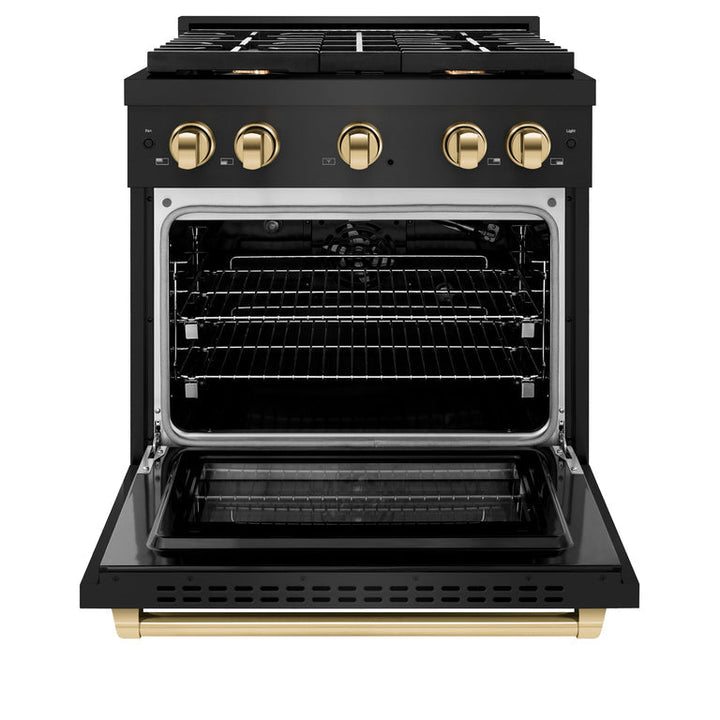 ZLINE Autograph Package - 30 In. Gas Range, Range Hood, Refrigerator with Water and Ice Dispenser, and Dishwasher in Black Stainless Steel with Gold Accents, 4AKPR-RGBRHDWV30-G