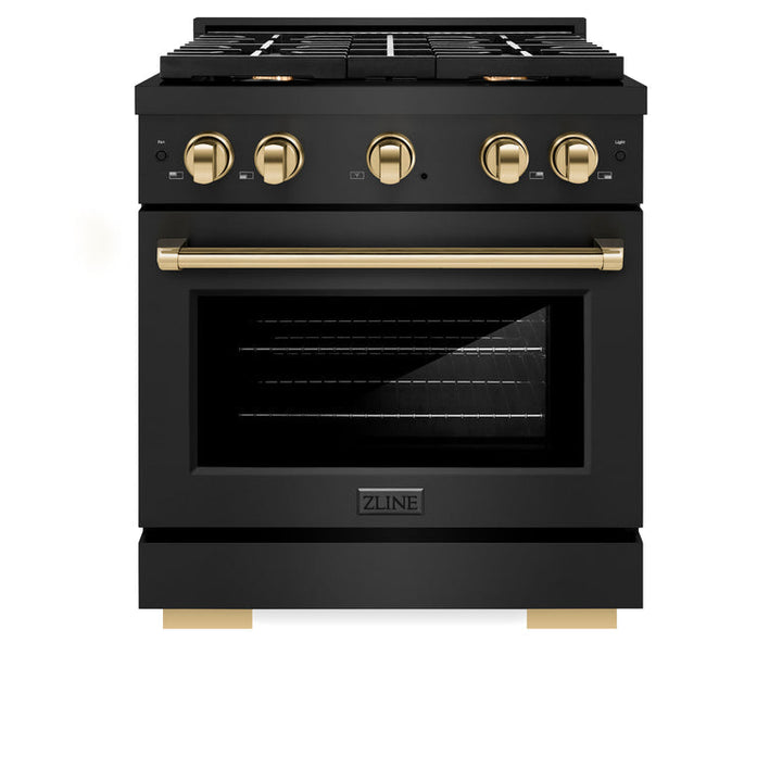 ZLINE Autograph Package - 30 In. Gas Range, Range Hood, Dishwasher in Black Stainless Steel with Gold Accent, 3AKP-RGBRHDWV30-G