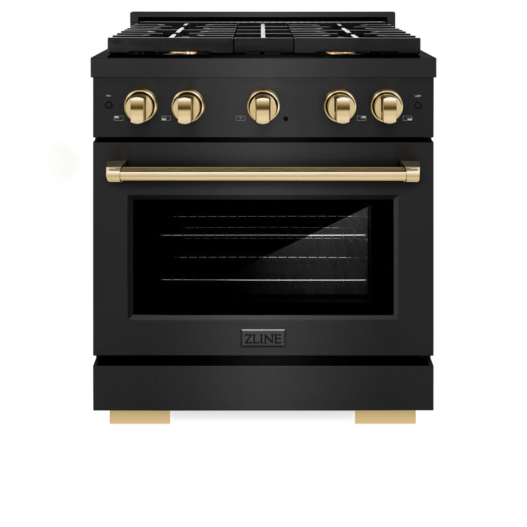 ZLINE Autograph Package - 30 In. Gas Range, Range Hood, Refrigerator with Water and Ice Dispenser, and Dishwasher in Black Stainless Steel with Gold Accents, 4AKPR-RGBRHDWV30-G