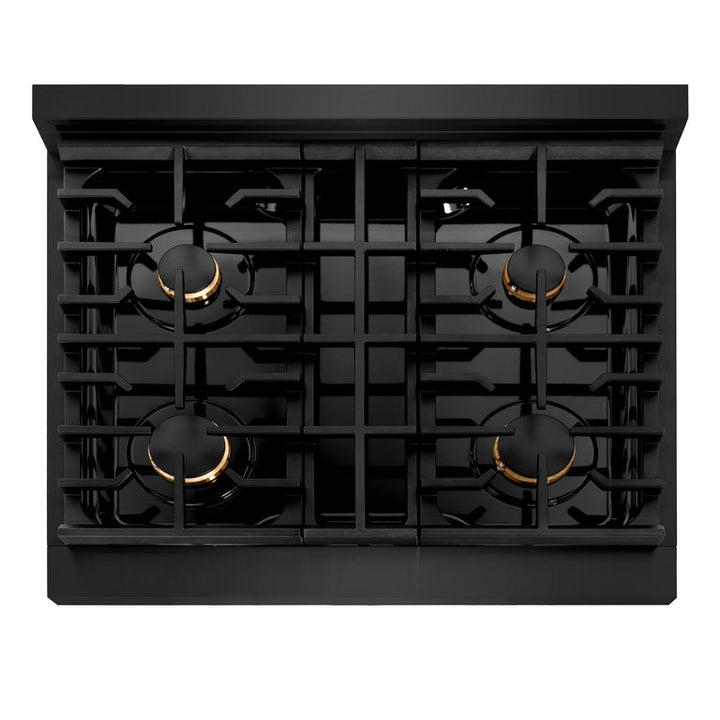 ZLINE Autograph Package - 30 In. Gas Range, Range Hood, Dishwasher in Black Stainless Steel with Gold Accent, 3AKP-RGBRHDWV30-G