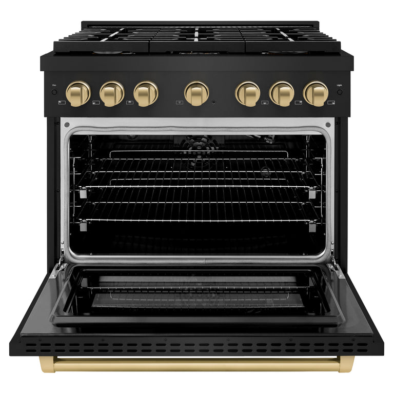 ZLINE Autograph Package - 36 In. Gas Range, Range Hood, Dishwasher in Black Stainless Steel with Champagne Bronze Accents, 3AKP-RGBRHDWV36-CB