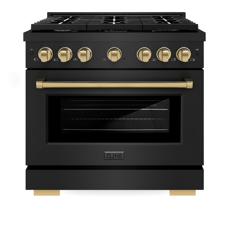 ZLINE Autograph Package - 36 Inch Gas Range, Range Hood, Dishwasher, Refrigerator in Black with Champagne Bronze Accents, 4AKPR-RGBRHDWV36-CB