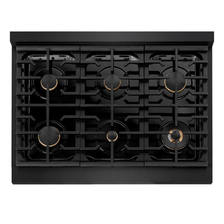 ZLINE Autograph Package - 36 Inch Gas Range, Range Hood, Dishwasher, Refrigerator in Black with Champagne Bronze Accents, 4AKPR-RGBRHDWV36-CB