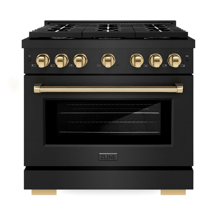 ZLINE Autograph Package - 36 In. Gas Range, Range Hood in Black Stainless Steel with Gold, 2AKP-RGBRH36-G