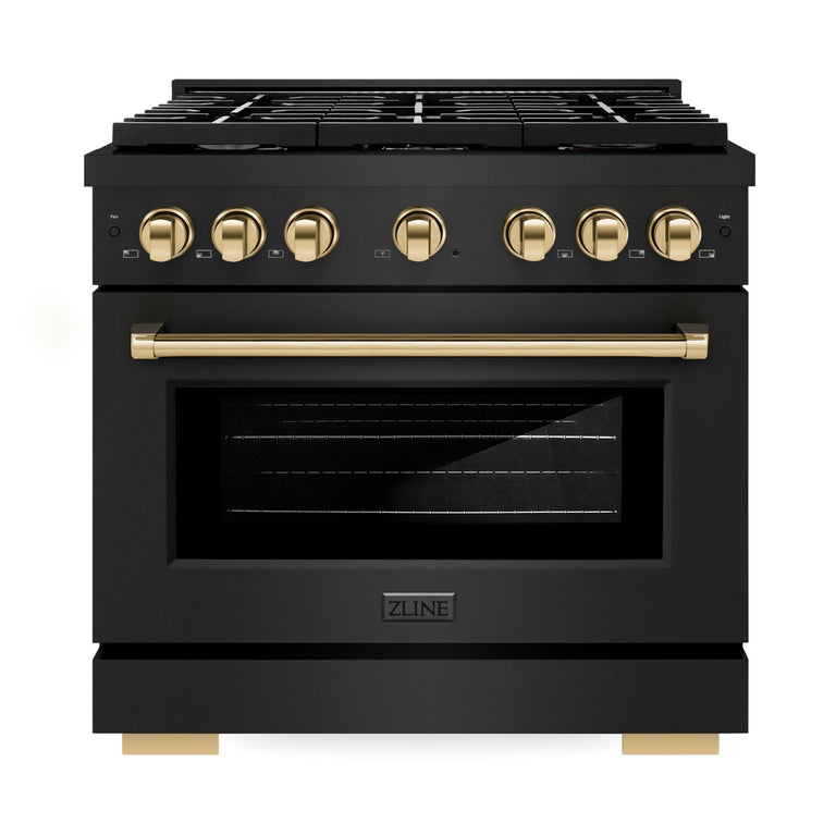 ZLINE Autograph Package - 36 In. Gas Range, Range Hood, Dishwasher in Black Stainless Steel with Gold Accents, 3AKP-RGBRHDWV36-G