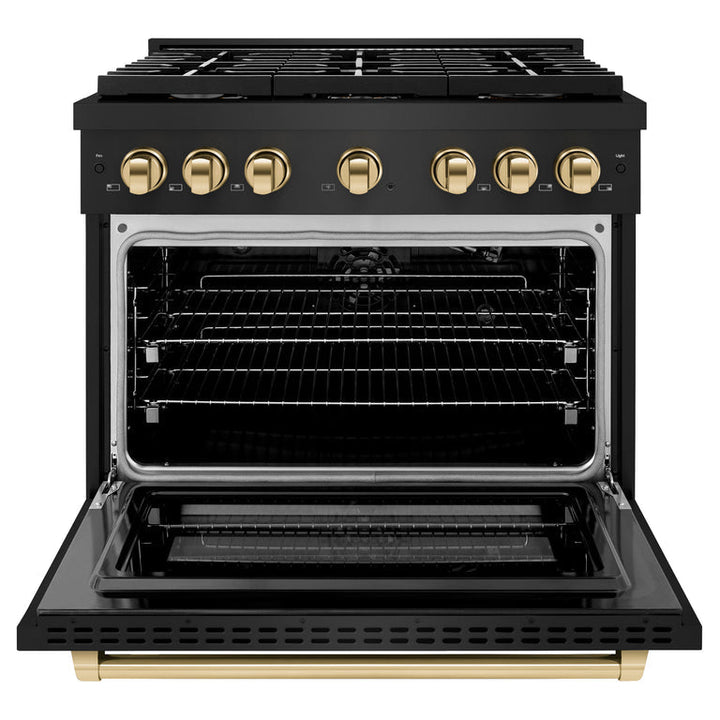 ZLINE Autograph Package - 36 In. Gas Range, Range Hood, Dishwasher in Black Stainless Steel with Gold Accents, 3AKP-RGBRHDWV36-G