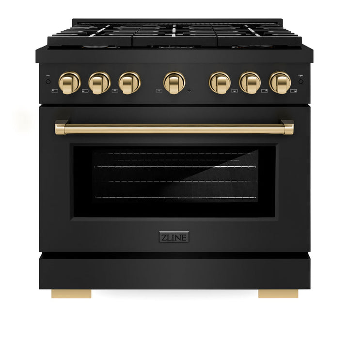 ZLINE Autograph Package - 36" Gas Range, Range Hood, Refrigerator with Water and Ice Dispenser, and Dishwasher in Black Stainless with Gold Accents