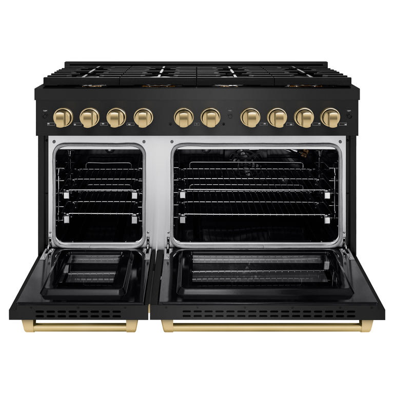 ZLINE Autograph Package - 48 In. Gas Range and Range Hood in Black Stainless Steel with Champagne Bronze Accents, 2AKPR-RGBRH48-CB