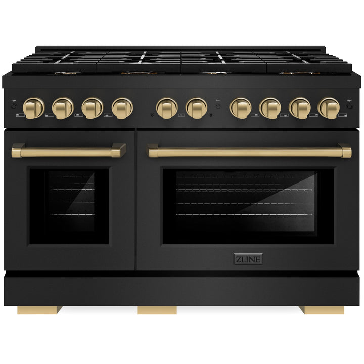 ZLINE Autograph 48" 6.7 cu. ft. Paramount Double Oven Gas Range in Black Stainless Steel and Bronze Accents, SGRBZ-48-CB