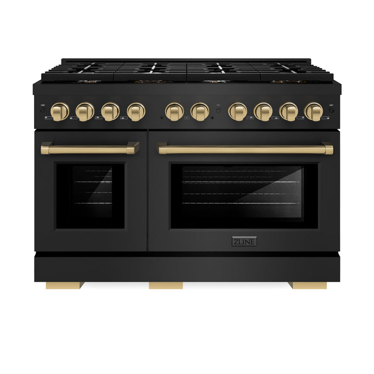 ZLINE Autograph Package - 48 In. Gas Range, Range Hood and Dishwasher in Black Stainless Steel with Champagne Bronze Accents, 3AKPR-RGBRHDWV48-CB