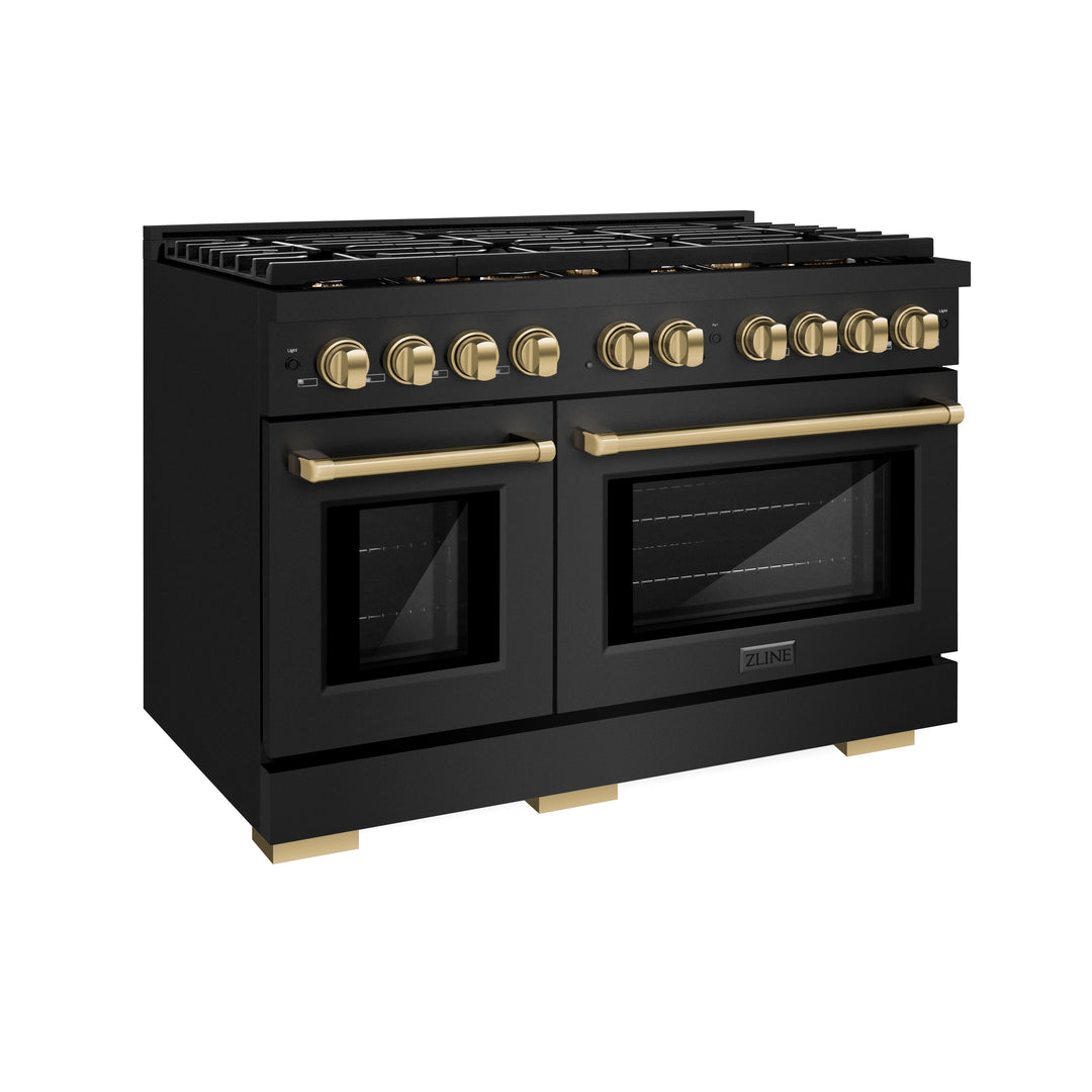 ZLINE Autograph 48" 6.7 cu. ft. Paramount Double Oven Gas Range in Black Stainless Steel and Bronze Accents, SGRBZ-48-CB