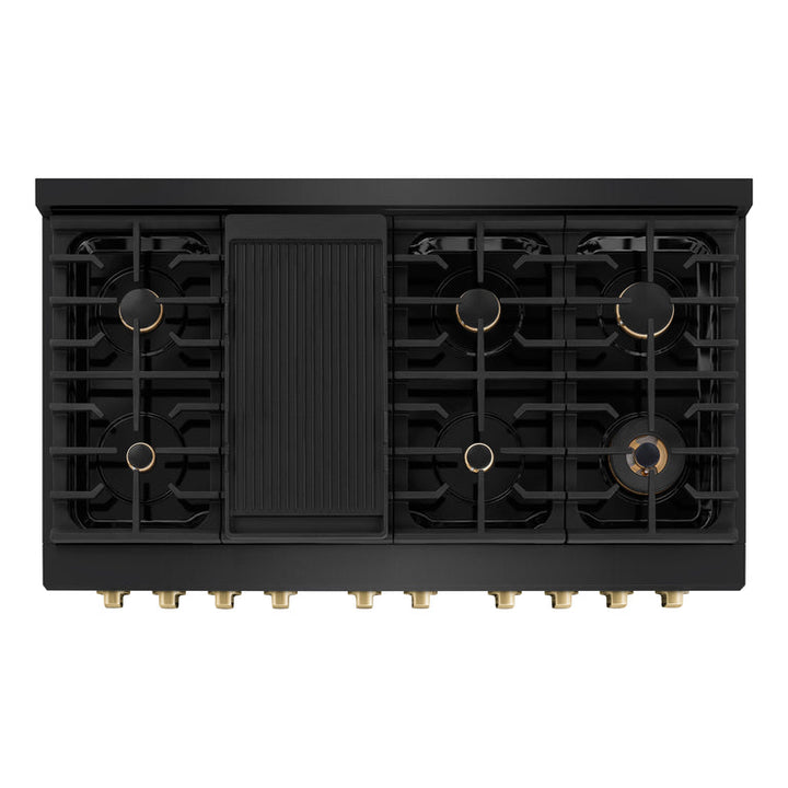 ZLINE Autograph Package - 48 In. Gas Range and Range Hood in Black Stainless Steel with Champagne Bronze Accents, 2AKPR-RGBRH48-CB