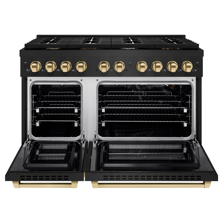 ZLINE Autograph Package - 48 In. Gas Range and Range Hood in Black Stainless Steel with Gold Accents, 2AKPR-RGBRH48-G