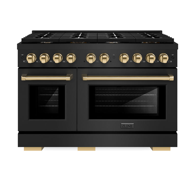 ZLINE Autograph Package - 48 In. Gas Range, Range Hood, Refrigerator, and Dishwasher in Black Stainless Steel with Gold Accents, 4AKPR-RGBRHDWV48-G