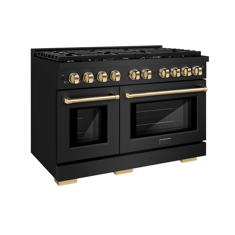 ZLINE Autograph Package - 48 In. Gas Range, Range Hood, Refrigerator, and Dishwasher in Black Stainless Steel with Gold Accents, 4AKPR-RGBRHDWV48-G