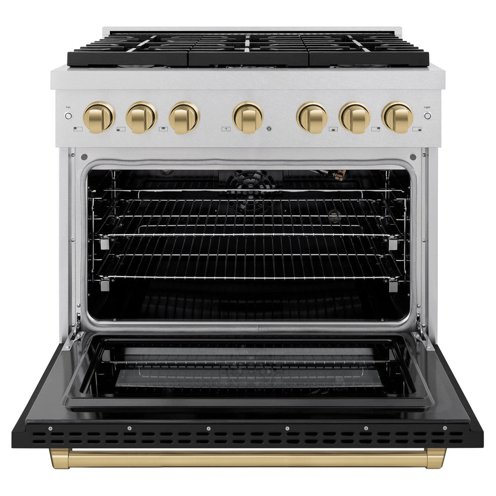 ZLINE Autograph 36" 5.2 cu. ft. Paramount Dual Fuel Range with 6 Burners in DuraSnow® with Black Matte Door and Champagne Bronze Accents, SDRSZ-BLM-36-CB