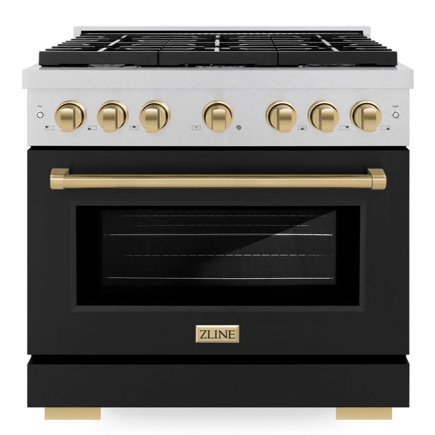 ZLINE Autograph 36" 5.2 cu. ft. Paramount Dual Fuel Range with 6 Burners in DuraSnow® with Black Matte Door and Champagne Bronze Accents, SDRSZ-BLM-36-CB