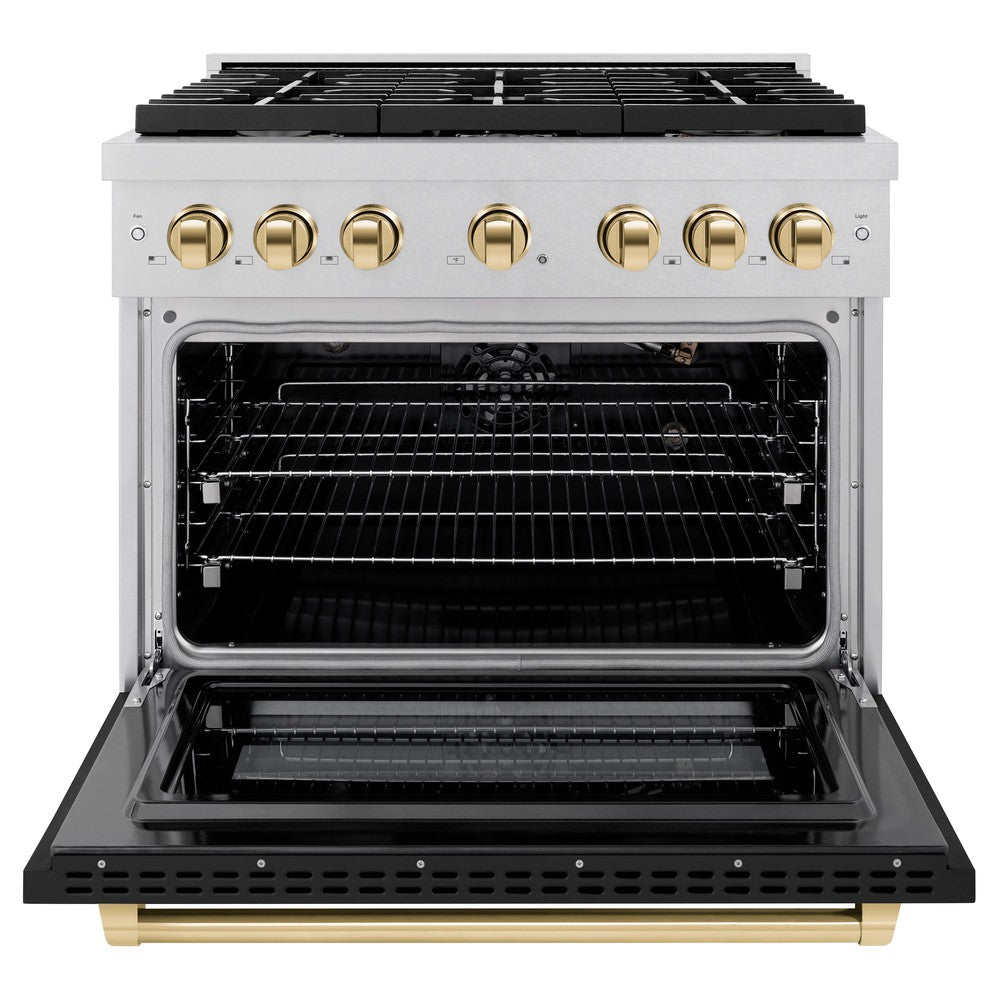 ZLINE Autograph 36" 5.2 cu. ft. Paramount Dual Fuel Range with 6 Burners in DuraSnow® with Black Matte Door and Polished Gold Accents, SDRSZ-BLM-36-G