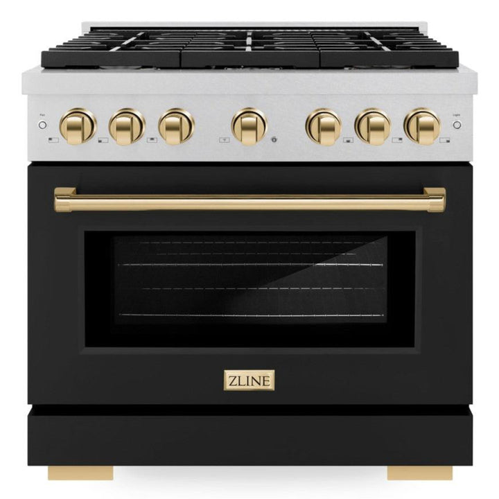 ZLINE Autograph 36" 5.2 cu. ft. Paramount Dual Fuel Range with 6 Burners in DuraSnow® with Black Matte Door and Polished Gold Accents, SDRSZ-BLM-36-G