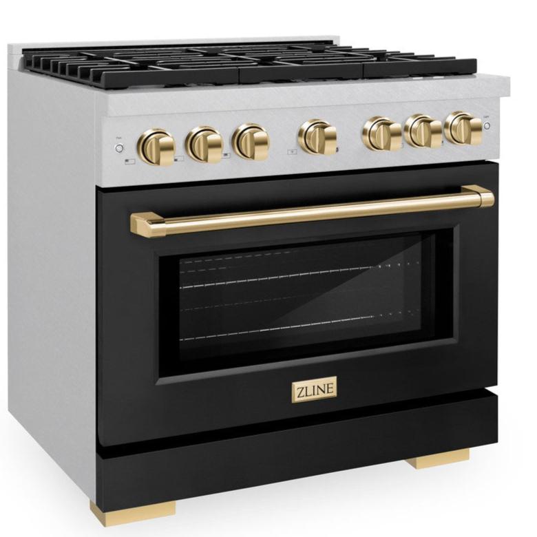 ZLINE Autograph 36" 5.2 cu. ft. Paramount Dual Fuel Range with 6 Burners in DuraSnow® with Black Matte Door and Polished Gold Accents, SDRSZ-BLM-36-G