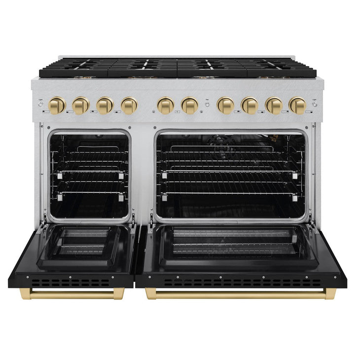 ZLINE Autograph 48" 6.7 cu. ft. Paramount Double Oven Dual Fuel Range with 8 Burners in DuraSnow® with Black Matte Doors and Champagne Bronze Accents, SDRSZ-BLM-48-CB