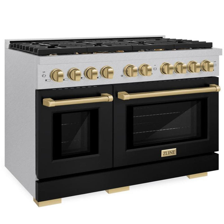 ZLINE Autograph 48" 6.7 cu. ft. Paramount Double Oven Dual Fuel Range with 8 Burners in DuraSnow® with Black Matte Doors and Champagne Bronze Accents, SDRSZ-BLM-48-CB