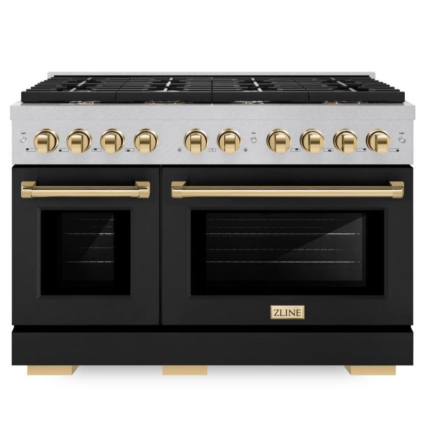 ZLINE Autograph 48" 6.7 cu. ft. Paramount Double Oven Dual Fuel Range with 8 Burners in DuraSnow® with Black Matte Doors and Polished Gold Accents, SDRSZ-BLM-48-G