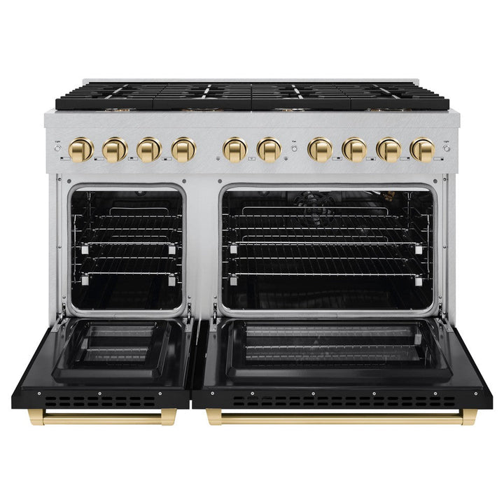 ZLINE Autograph 48" 6.7 cu. ft. Paramount Double Oven Dual Fuel Range with 8 Burners in DuraSnow® with Black Matte Doors and Polished Gold Accents, SDRSZ-BLM-48-G