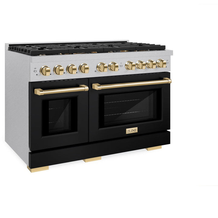 ZLINE Autograph 48" 6.7 cu. ft. Paramount Double Oven Dual Fuel Range with 8 Burners in DuraSnow® with Black Matte Doors and Polished Gold Accents, SDRSZ-BLM-48-G