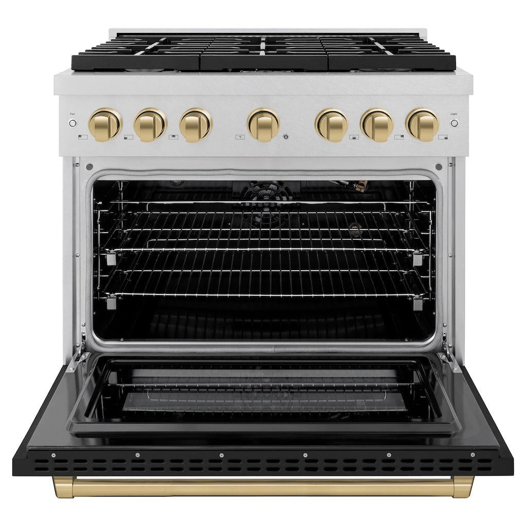 ZLINE Autograph 48" 6.7 cu. ft. Paramount Double Oven Gas Range in DuraSnow® Stainless Steel with Black Matte Doors and Bronze Accents, SGRSZ-BLM-48-CB