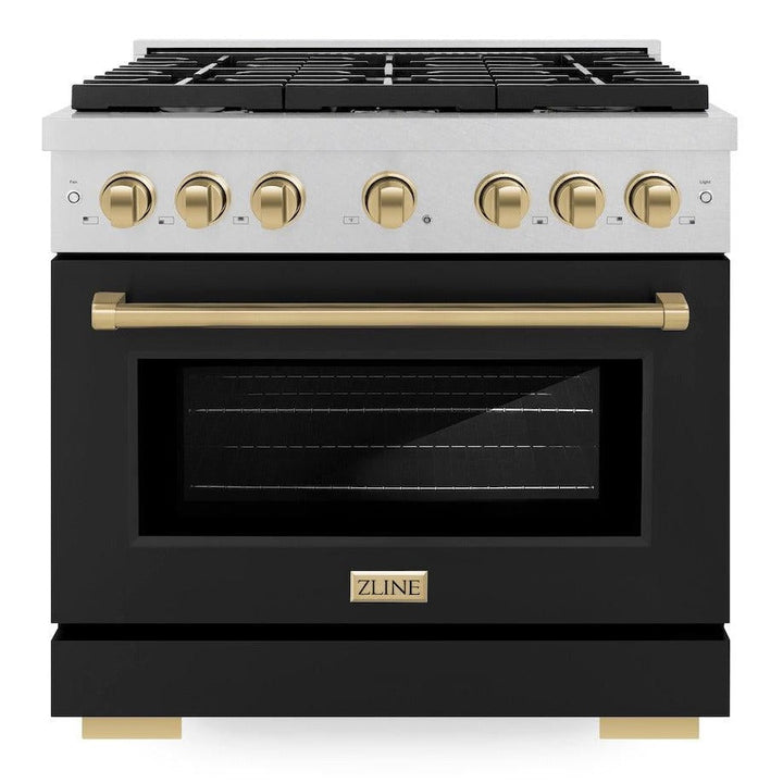 ZLINE Autograph 36" 5.2 cu. ft. Paramount Gas Range with Convection Gas Oven in DuraSnow® Stainless Steel with Black Matte Door and Bronze Accents, SGRSZ-BLM-36-CB