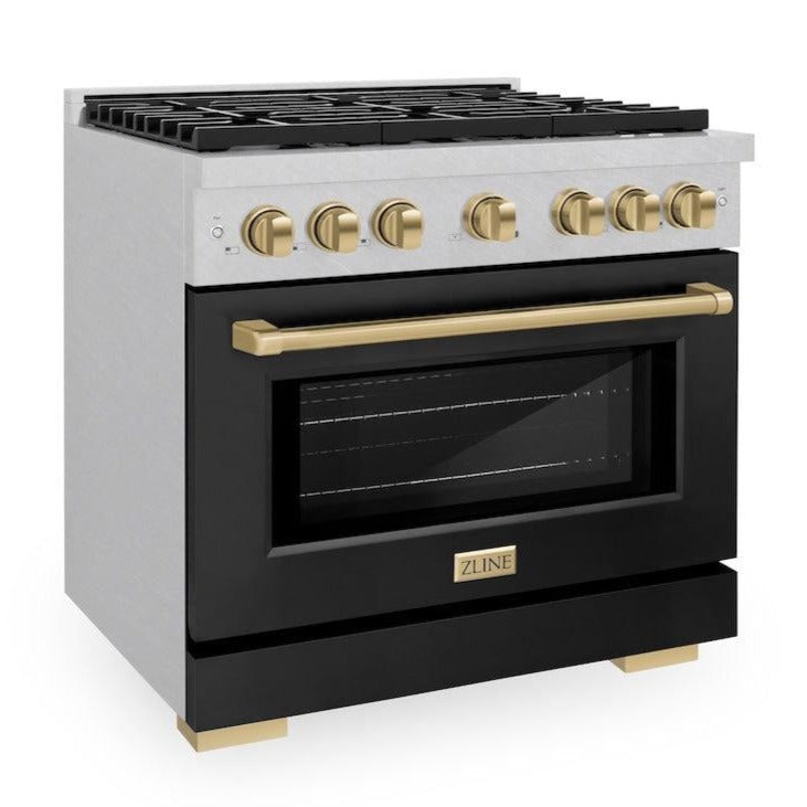 ZLINE Autograph 36" 5.2 cu. ft. Paramount Gas Range with Convection Gas Oven in DuraSnow® Stainless Steel with Black Matte Door and Bronze Accents, SGRSZ-BLM-36-CB