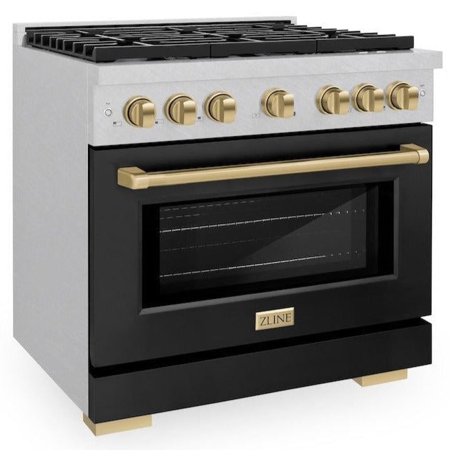 ZLINE Autograph 48" 6.7 cu. ft. Paramount Double Oven Gas Range in DuraSnow® Stainless Steel with Black Matte Doors and Bronze Accents, SGRSZ-BLM-48-CB