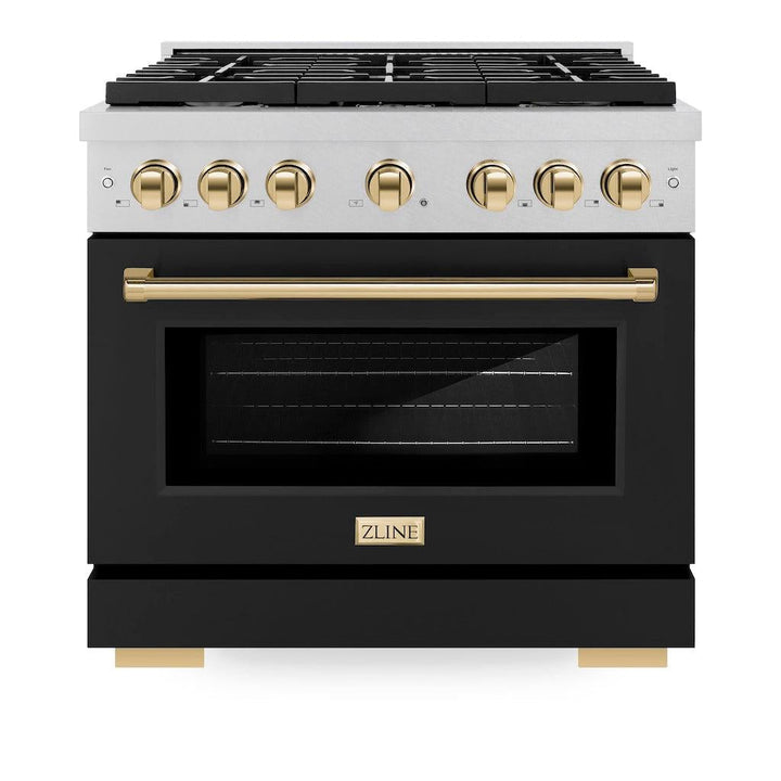 ZLINE Autograph 36" 5.2 cu. ft. Paramount Gas Range with Convection Gas Oven in DuraSnow® Stainless Steel with Black Matte Door and Gold Accents, SGRSZ-BLM-36-G