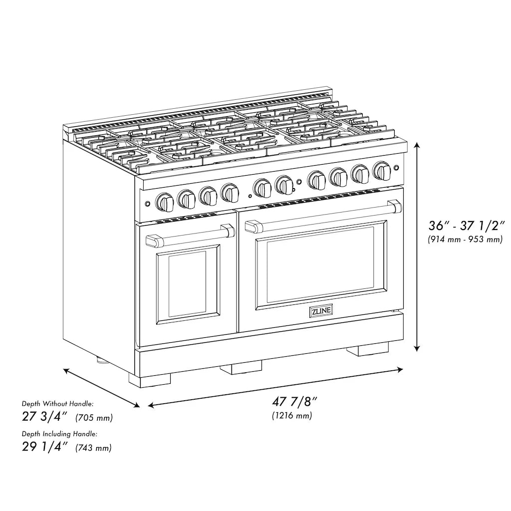 ZLINE Autograph 48" 6.7 cu. ft. Paramount Double Oven Gas Range in DuraSnow® Stainless Steel with Black Matte Doors and Gold Accents, SGRSZ-BLM-48-G