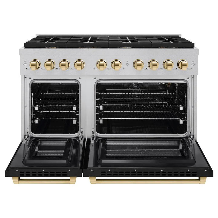 ZLINE Autograph 48" 6.7 cu. ft. Paramount Double Oven Gas Range in DuraSnow® Stainless Steel with Black Matte Doors and Gold Accents, SGRSZ-BLM-48-G