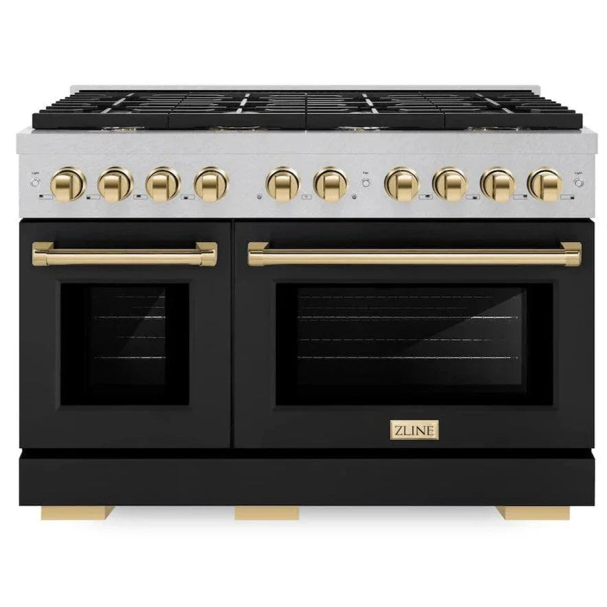 ZLINE Autograph 48" 6.7 cu. ft. Paramount Double Oven Gas Range in DuraSnow® Stainless Steel with Black Matte Doors and Gold Accents, SGRSZ-BLM-48-G