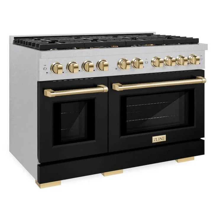 ZLINE Autograph 48" 6.7 cu. ft. Paramount Double Oven Gas Range in DuraSnow® Stainless Steel with Black Matte Doors and Gold Accents, SGRSZ-BLM-48-G