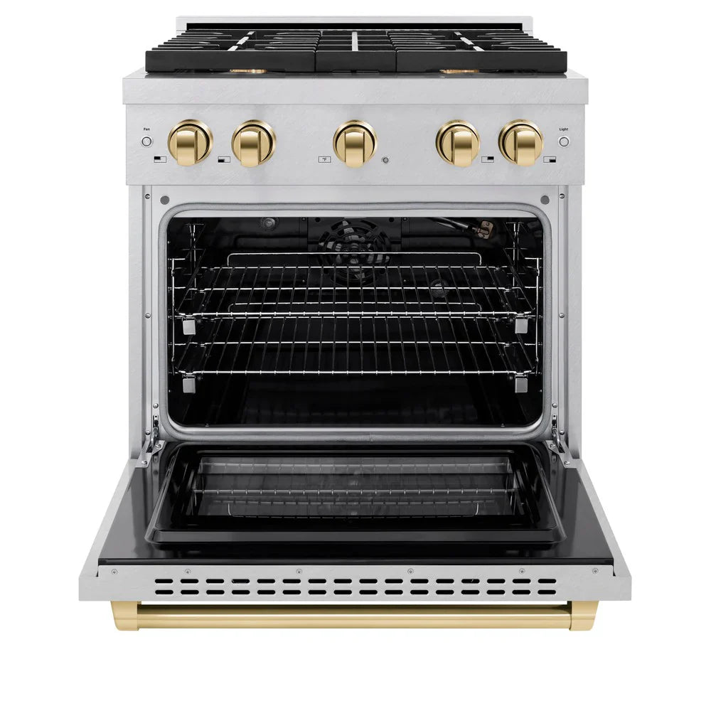 ZLINE Autograph 30" 4.2 cu. ft. Paramount Dual Fuel Range with 4 Burners in DuraSnow® Stainless Steel with Polished Gold Accents, SDRSZ-30-G